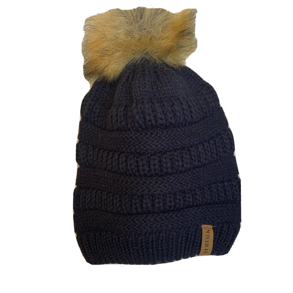 FurTalk Navy Blue Knitted Beanie Snow Hat Brown Faux Fur Ball Top Winter Warm